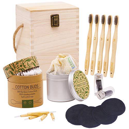 Project Eco21 Eco Friendly Products Gift Set | Sustainable Gifts Bundle of Zero Waste Products | Set of 6 Vegan Gifts and Sustainable Products | Reusable Cotton Rounds, Bamboo Toothbrushes, and More