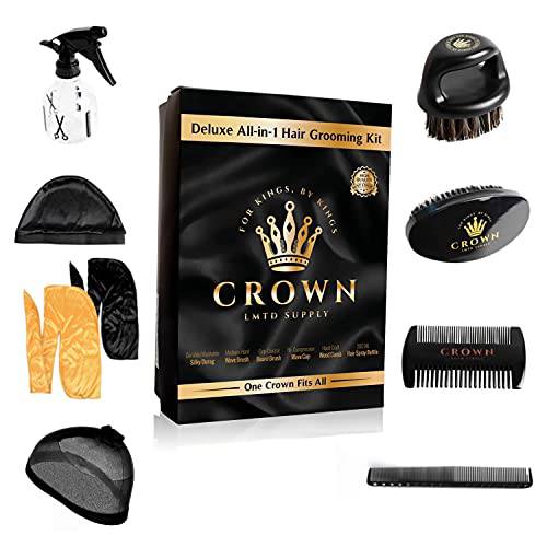 11 in 1 Deluxe Wave Kit - 3 Silky Durags for Men, Medium Hard Wave Brush, Crown Soft Bristle Brush Beard, Wood & Plastic Wave Comb, Spray Bottle, 2 Silky Stocking Wave Cap, Crown Mirror, Hair Care Kit