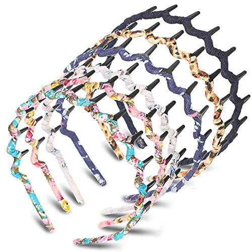 6 Colors Zigzag Shark Tooth Hair Comb Headbands Wrapped Cloth Hard Hairbands Wave Shape Plastic Hair Band Hair Accessory for Women Girls (Chic Pattern)