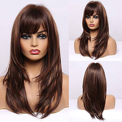 HAIRCUBE Brown Wigs for Women Highlight Wigs with Bangs Long Straight Layered Heat Resistant Synthetic Wigs