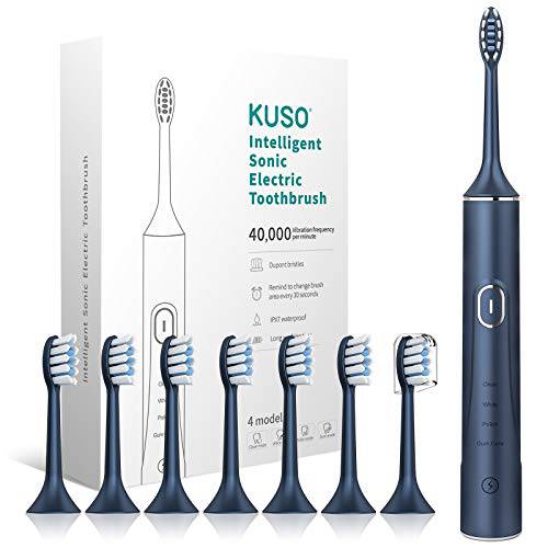 Kuso Real Ultrasonic Rechargeable Electric Toothbrush, 4 Modes with Smart Timer, 8 Brush Heads Included, 4 Hour Charge Last 30 Days for Oral Care Whitening(Light Blue)
