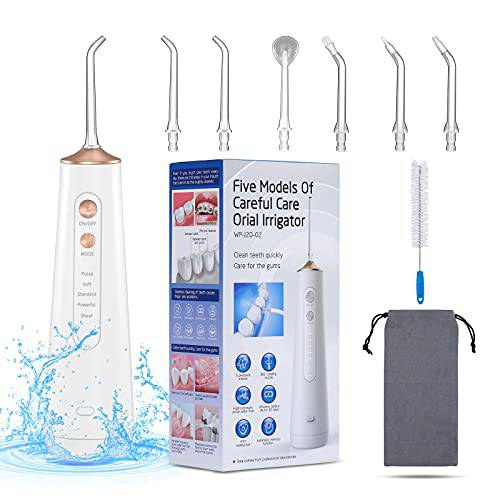 Water Flosser Professional Cordless Dental Oral irrigator, Portable Removable Water Tank and Rechargeable IPX7 Waterproof, 5 Modes and 6 nozzles, Water Flosser for Braces & Bridges Care, Home (White)