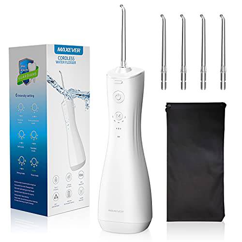 Maxever Cordless Water Flosser, Portable Dental Care Oral Irrigator 4 Nozzles Water Pick Teeth Cleaner for Gum, Brace, White
