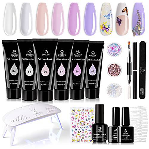Beetles Poly Nail Extension Gel Kit, 6 Pcs Clear White Builder Nail Gel Pink Nude Butterfly Poly Nail Enhancement French Manicure Kit Trial Christmas Nail Art Design Easy DIY Salon Home Gift for Women