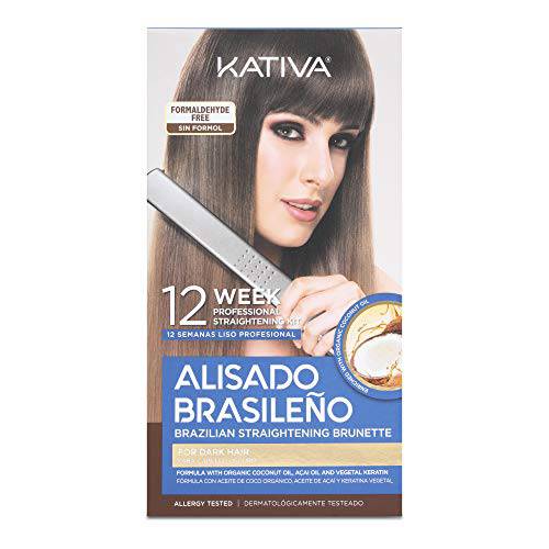 KATIVA Brazilian Straightening Brunette Kit, 12 Weeks of Home Use Professional Straightening, with Organic Coconut Oil, Açai Oil, and Keratin, for Straighter, Softer and Shinier Dark-Coloured Hair