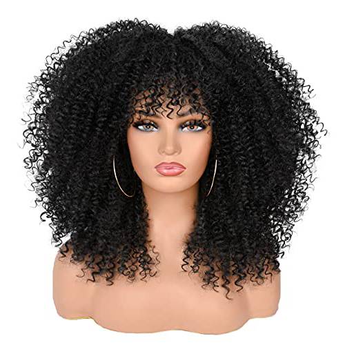ANNISOUL 16Inch Curly Wigs for Black Women Black Afro Bomb Curly Wig with Bangs Synthetic Fiber Glueless Long Kinky Curly Hair