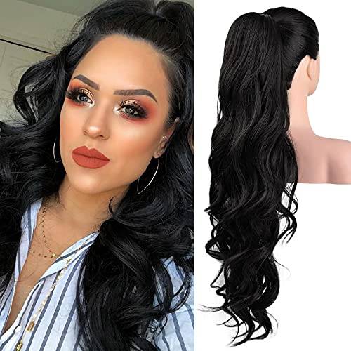 SEIKEA 26 Long Wavy Drawstring Ponytail for Black Women Natural Soft Clip in Ponytail Extension Synthetic Heat Resistant Hair Extensions Hairpiece Color Black