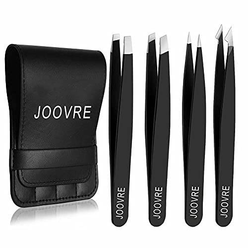 Joovre Tweezers Set - Four-Piece Professional Stainless Steel Brow Tweezers -Eyebrow Kit With Leather Storage Bag- Facial Hair, Debris & Ingrown Hair Removal With Extreme Precision