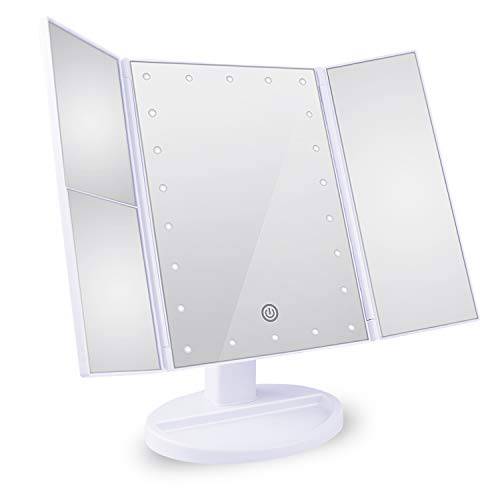 TREE.NB Led Lighted Trifold Makeup Mirror with 1X/2X/3X/Magnification, Vanity Mirror with 22 Led Lights Touch Screen 180°Adjustable Rotation, Cosmetic Travel Mirror with Dual Power Supply