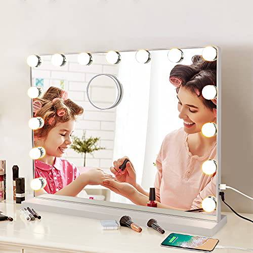 Depuley Vanity Mirror with Lights, 23In Hollywood Large Lighted Makeup Mirror with Smart Touch Control Screen & USB-Powered 15 Dimmable LED Lights for Dressing Room, Bedroom, Tabletop, White