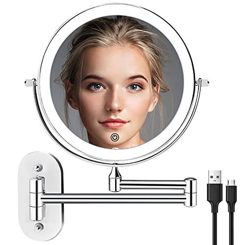 Wall Mounted Lighted Makeup Vanity Mirror 8 inch 1X/10X Magnifying Mirror with 3 Color Lights, Double Sided Bathroom Mirror with Dimmable LED Lights, 360° Swivel Extendable Shaving Light up Mirror