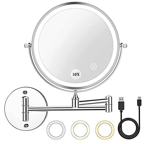 2000mAh Rechargeable Wall Mounted Makeup Mirror with Light 8inch 1X/10X Magnifying Lighted Makeup Mirror 3 Color Mode,Adjustable Light,Touch Screen,Charge by USB,Extendable Mirror-Gifts for Women