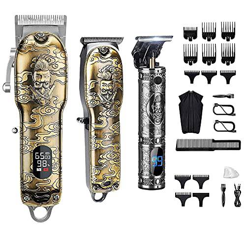 Haircut Clippers and Trimmers Set of 3, Suttik Cordless Ornate Hair Clippers for Men Professional Barber Clippers for Hair Cutting Kit with T-Blade Beard Trimmer Set, Knight, LED Display(Gold)