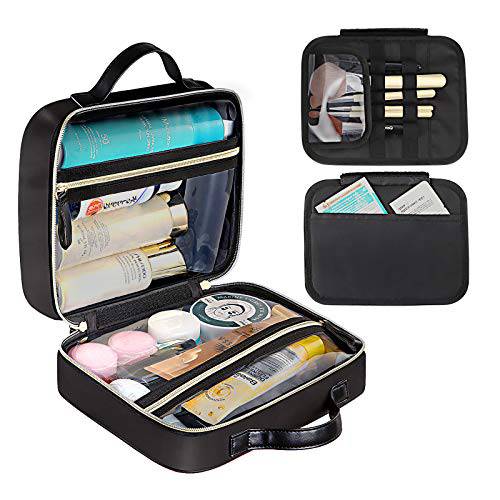 DIMJ Cosmetic Bag, Travel Makeup Bag Double-sided Makeup Case Organizer with Zipper Portable Artist Storage Bag Storage Case for Cosmetics, Brushes, Toiletry (black)