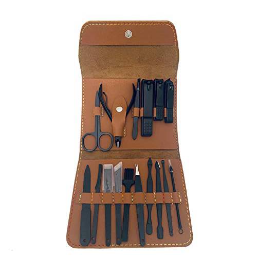 Manicure Set, Pedicure Kit, Men Travel 16 Pieces Stainless Steel Manicure Kit with PU Leather Case (Brown)