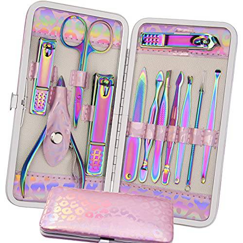 Manicure Set Nail Clippers Pedicure Kit - 12pcs Stainless Steel Nail Kit, Colorful Professional Nail Care Kit Nail Files & Scissors Tools For Hands Foot Facial - Pink
