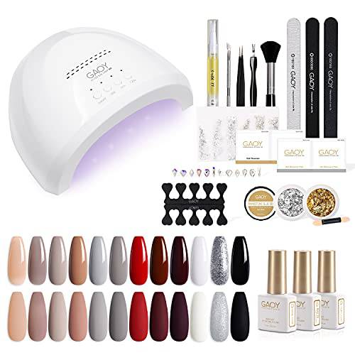 GAOY Gel Nail Polish Kit with UV Light, 12 Colors Nude Gray Glitter Gel Nail Set with Top Coat and Base Coat Nail Decorations and Manicure tools for Nail Art Home DIY Gel Nail Kit