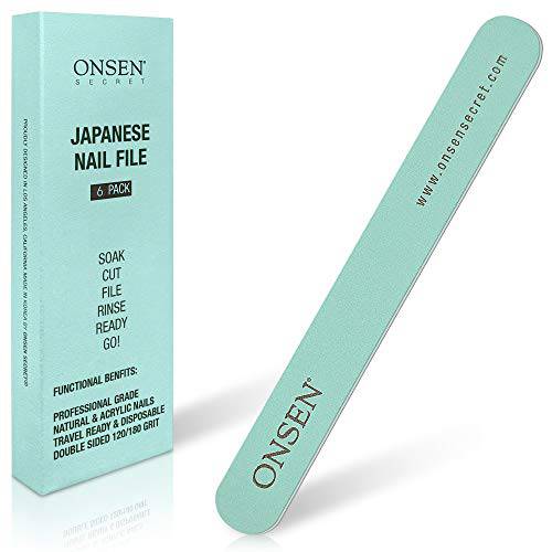Onsen Secret Japanese Nail File - Professional 6-Pack Nail Files, Double Sided Natural & Acrylic Nail Filers - 120/180 Grit - Disposable, Salon Smooth, Travel Best Nail File For Shiny Nails (6 Counts)
