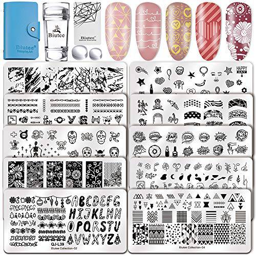 Biutee Nail Stamp Plates Set 10 Plates 1Nail Scraper 1 Storage Bag 1 Double-headed Silicone Stamper and Two Silicone head Pattern Leaves Flowers Animal and Plants Nail Plate Image Plate