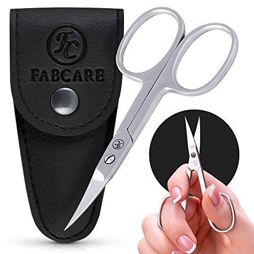FABCARE curved nail scissors incl. pouch & e-book - innovative micro-serrations - for fingernails and toenails - sharp cuticle scissors professional - stainless steel manicure scissors