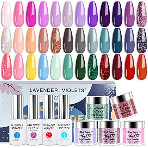 Lavender Violets Quick Drying Dipping Powder Bundle Set of 36 Colors Pale Purple, Orchid, Nude, Pink, Navy Blue and Christmas Colors with Base coat, Top coat, Activator, and Brush Saver M951J775