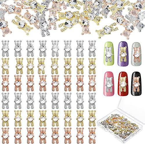 60 Pieces Bear Nail Charms Rhinestones Shiny Alloy Bear 3D With Heart Crystal Nail Decoration DIY Decoration Accessories (Gold, Silver, Rose Gold,15 x 7 mm, 10 x 7 mm)