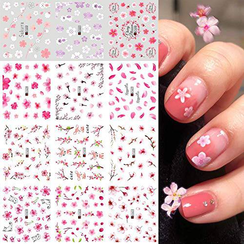 EOOTO Sakura Nail Art Stickers, 12 Sheets Spring and Summer Flower Small Floral Nail Stickers Pink Cherry Blossoms Tree with Leaves Nail Art Decals Summer for Nail Art Design Decoration Manicure Tips