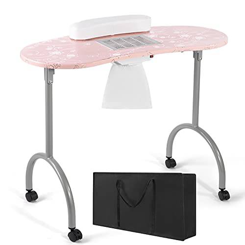Artist Hand Nail Desk, Folding Nail Table with Fan, Portable Manicure Table Station with Electric Dust Collector, Wrist Cushion,4 Lockable Wheels, Carrying Bag for Home Beauty Salon, Pink