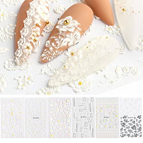 LIULI 5D Flowers for Nails Art Stickers Embossed Lace Butterfly Stereoscopic Engraved Pattern Adhesive Nail Decals for Spring Summer Nail Decorations (Black & White)