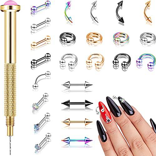 25 Pieces Nail Dangle Charms with Nail Piercing Tool Nail Charms Nail Jewely Rings Pierced Nail Supplies for Tips Acrylic Gels Decorations, Mixed Color