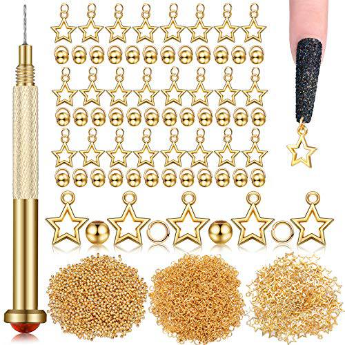 2101 Pieces Dangle Nail Art Charms, Include 1000 Pcs Nail Jewelry Rings, 1000 Pcs Beaded and 100 Pcs Star Accessories with Nail Piercing Tool Hand Drill for Nails Tip Gel Decor (Gold, Silver)