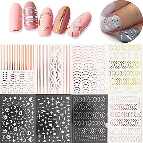 Line Nail Art Stickers Decals 8 Sheets 3D Nail Line Stickers Include Gold Line Silver Line Rose Gold Line with 1 Tweezer for Nail Polish Adhesive Sliders Art Decoration Decals