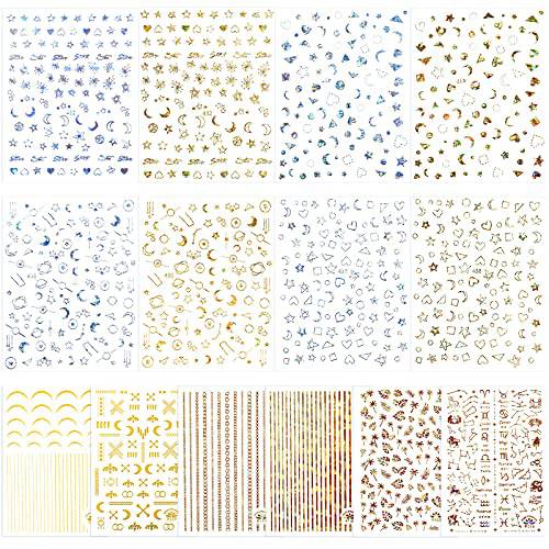 14 Sheets Gold Silver Nail Stickers Moon Star Heart Stickers Self-Adhesive Nail Stickers Metallic Nail Art Decals 3D Laser Nail Decoration DIY Fingernail Nail Art Stickers for Women Girls