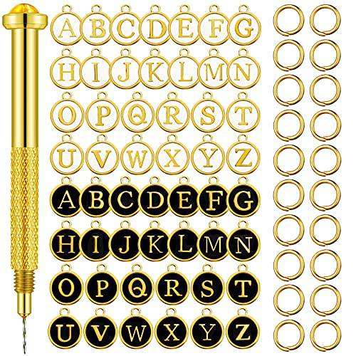 153 Pieces Dangle Nail Piercing Charms Set Metal Letter Charm Double Sided Alphabet Charms Initial Pendant with Nail Piercing Tool Hand Drill, Nail Jewelry Rings for Tips (Black, White)