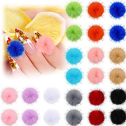24 Pieces Nail Pom Fluffy Ball Fur Fluffy Pompom Ball Detachable 3D Nail Plush Fur Balls Acrylic Nail Tips Decorations Accessories for Halloween Christmas Girls Women DIY (Vibrant Colors)