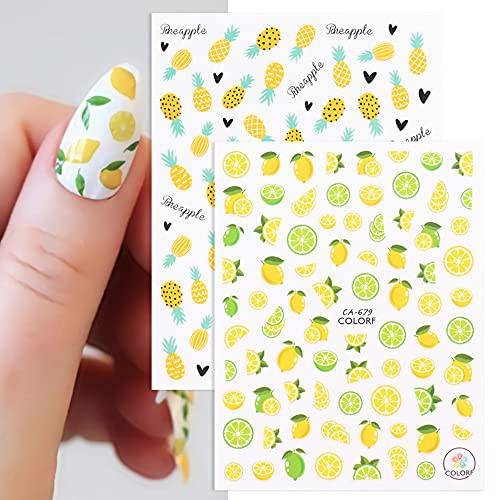Summer Nail Art Stickers 3D Fruit Self Adhesive Nail Stickers Nail Art Supplies Avocado Strawberry Cherry Pineapple Lemon Fruit Nail Decals 3D Small Fresh Nail Decorations Set for Women (6 Sheets)