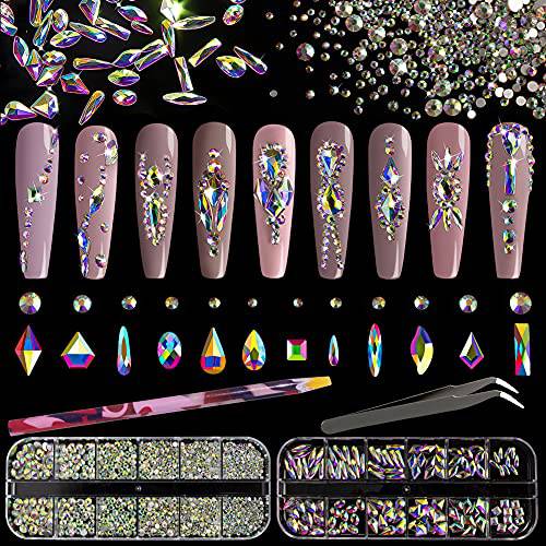 Multi Shapes 3D Glass AB Crystal Nail Art Rhinestones Kit with Flatback Round Bead Charm Gem Stone Jewelry Diamond with Pickup Pen + Tweezer for Manicure Craft Decoration by BELLEBOOST (Iridescent)