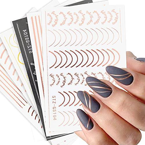 French Line Nail Art Stickers Decals 3D Stickers for Nails Curve Strip Gold Silver Line White Star Clouds Witch Gothic Stickers for Nail Polish Adhesive Sliders Art Decoration Decals 8 Sheets
