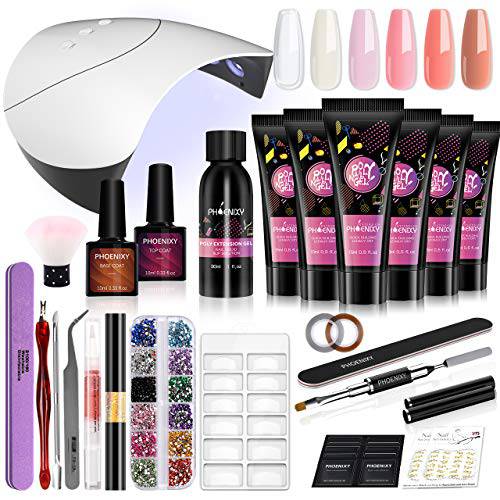 Poly Nail Extension Gel Kit, Phoenixy 6 Colors Poly Nail Gel with 36W U V/LED Nail Lamp Nail Builder Set 1 Color Nail Powder Pen All-in-One Manicure Starter Kit