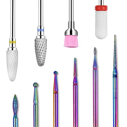 Nail Drill Bits, MORGLES 10Pcs 3/32’’Nail Drill Bits Set Cuticle Drill Bits for Acrylic Nails Diamond Carbide Nail Drill Bit for Nail Drill, Home Salon Use (Rainbow)