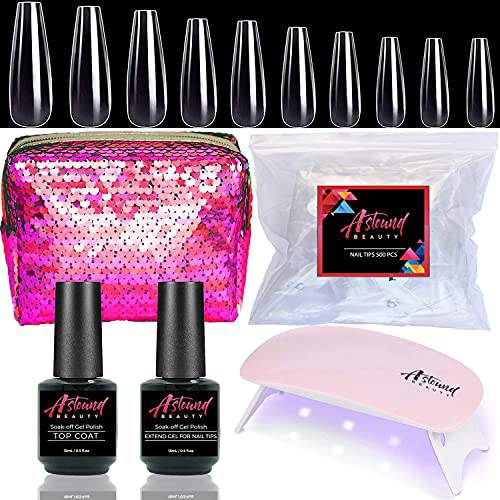 Gel X Nail Kit - 2 in 1 Nail Glue and Base Coat with Clear and Apricot Color, 500Pcs Coffin Nail Tips and UV Lamp - All-in-One Gel Nail Kit