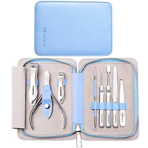 Manicure Set Professional FAMILIFE Manicure Kit Nail Clippers Set 8PCS Stainless Steel Pedicure Tools Nail Kit Women Grooming Kit Nail Set Portable Blue Leather Travel Case Valentines Gifts for Women