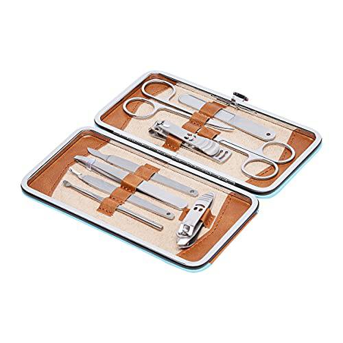 Amazon Basics 9-Piece Manicure and Pedicure Nail Clipping Set with Case- Stainless Steel, Turquoise