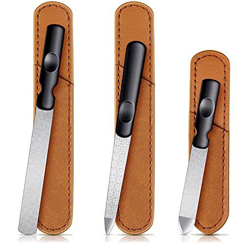 3 Pieces Stainless Steel Nail Files Metal Nail File with Leather Case, Diamond Fingernails Double Sided Nail Files with Anti-slip Handle, Manicure Pedicure Tool for Fingernail Toenail, Fine and Coarse
