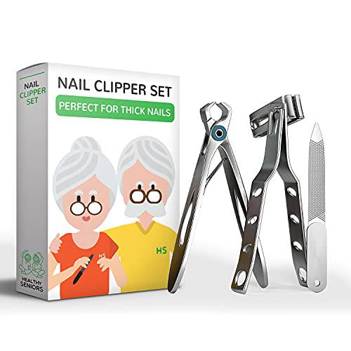 Healthy Seniors Nail Clippers Set, Easy Grip 360 Rotary Fingernail Clipper, Sharp Heavy Clippers for Thick Nails. Perfect for Diabetics or Seniors Suffering from Arthritis (3 Pieces)