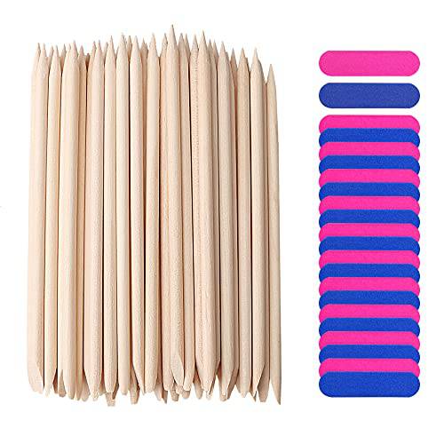 100 Pcs Disposable Manicure Kit, 50 Pcs Mini Nail Files and 50 Pcs Orange Sticks for Nails, Double Sided Nail Buffer Fingernail Files Emery Boards for Nails Wooden Cuticle Stick Nail Tech Must Haves