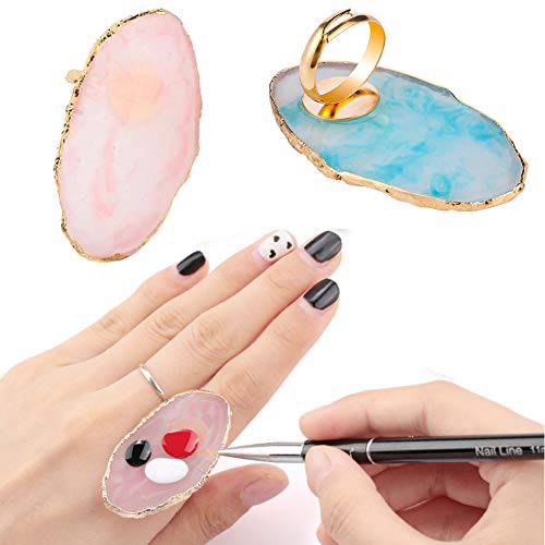 SUKPSY 2 Pcs Resin Stone Nail Art Palettes with Adjustable Finger Rings, Color Mixing Plate for Eyelash Extension Ring False Nail Tips Drawing Nail Color Palette Nail Art Equipment(Pink & Blue)