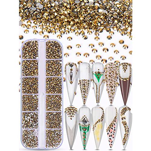 Warmfits 3600pcs Nail Art Rhinestone Crystal Gold Rhinestones Beads Nail Jewels Nail Design Round Flatback Gems Stones Studs 6 Sizes with Box for Nail Design Craft Art Shoes