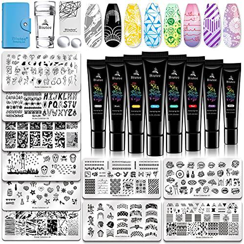 Biutee Nail Stamping Plates Gel Kits 8 pcs Nail Stamping Polish Gel 10pcs Templates 1Nail Scraper 1 Storage Bag 1 Double-Headed Stamper and Two Silicone Head Pattern Leaves Flowers Animal Design