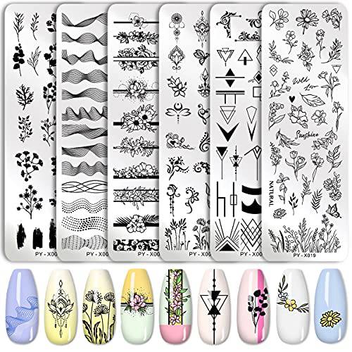 Stamping Plates Nail Art Set Flower Minimalist Geometric Lines Leaves Pattern Theme Image DIY Nail Art Stamp Plate Stamper Kit 6Pcs